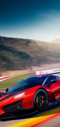 This phone live wallpaper showcases a stunning red sports car speeding along a race track