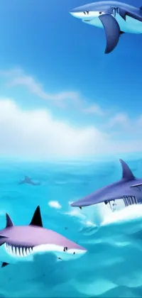 This live phone wallpaper features an illustration of sharks swimming in the ocean, surrounded by surfboards in the water