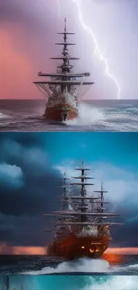 Get ready to set sail with this stunning live wallpaper for your phone! Featuring two ships in the midst of a raging storm, this wallpaper boasts a detailed matte painting that adds depth and texture to the scene