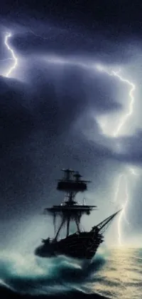 This phone live wallpaper showcases a majestic pirate ship venturing through a storm