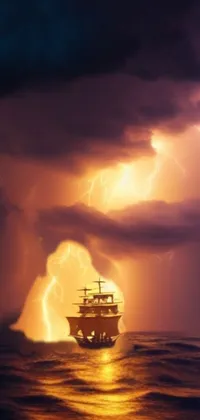 This mobile live wallpaper depicts a ship navigating through a vast sea, filled with lightning and radiating a Romantic vibe