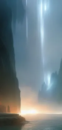 Give your phone a fantasy atmosphere with this live wallpaper inspired by breathtaking light rays, cliffs and a serene mountainous landscape