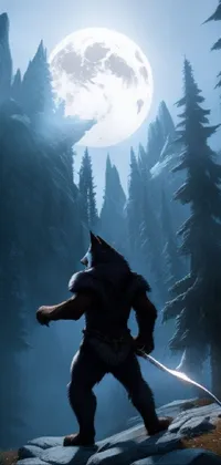 This phone live wallpaper captures the essence of nature, featuring a man with a sword standing on a rock in front of a full moon