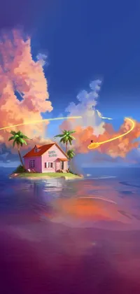 This phone live wallpaper portrays a quaint house situated on a small island amidst the ocean