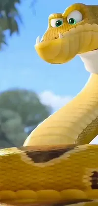 This phone live wallpaper features a colorful and playful animation of a cobra snake enjoying a banana in a rubber hose animation style