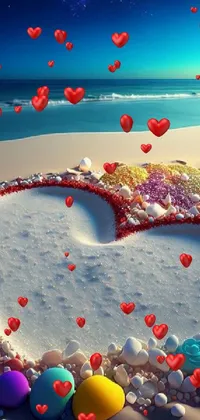 Looking for a phone live wallpaper that's dreamy, colorful and beach-inspired? Look no further than this stunning digital art image of a heart made out of seashells on a sandy beach