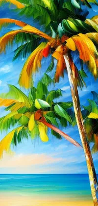 This phone live wallpaper depicts a beautiful painting of two palm trees on a sandy beach in the Bahamas