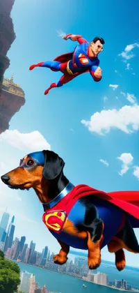 This fun and quirky live wallpaper features a dachshund dressed as Superman soaring over a colorful cityscape