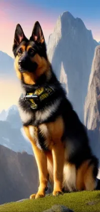 This live phone wallpaper portrays a German Shepherd Dog sitting atop a mountain, boasting incredible detail and textures