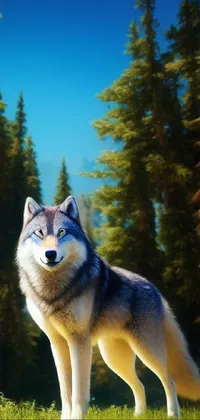 This wolf-themed live wallpaper for your phone depicts a photo-realistic image of a majestic wolf standing in a verdant green field