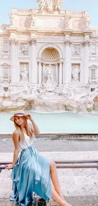 This live wallpaper features a picturesque scene of a woman sitting on a bench in front of an ornate fountain