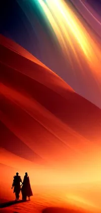 This stunning phone live wallpaper features a fiery and arid desert landscape with two people walking in the foreground
