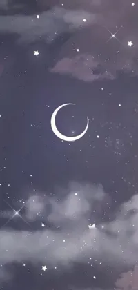 This phone live wallpaper depicts a mesmerizing night sky filled with a crescent moon and glimmering stars, set against a deep blue cloudy background