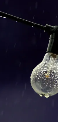 This realistic phone live wallpaper depicts a light bulb on a wire in a strong rain night with sleet