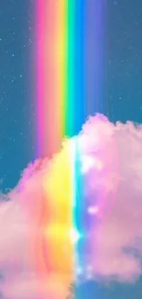 This phone live wallpaper features a breathtaking rainbow bursting out of a white cloud against a background of light and space