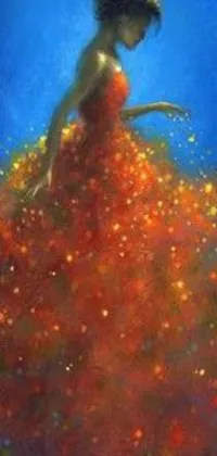 This mesmerizing phone live wallpaper boasts a captivating depiction of a woman in a beautiful red dress against a backdrop of vibrant fire particles and blue flames