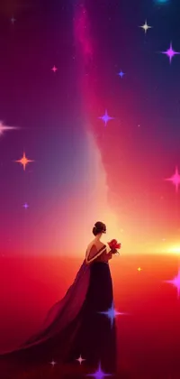 This phone live wallpaper depicts a beautiful scene of a woman standing on a hill under a starry sky