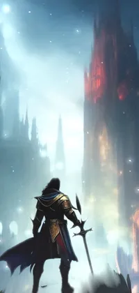 Featuring a dark and gothic aesthetic, this phone live wallpaper showcases a formidable swordsman standing before an imposing castle