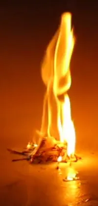 This phone live wallpaper features a captivating image of a blazing fire burning on a wooden table