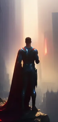 This phone live wallpaper depicts a superhero standing atop a cliff in a cinematic and romantic style