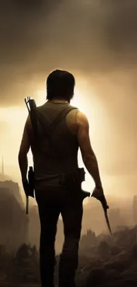 Introduce a captivating live wallpaper for your phone, featuring a man with a gun standing in front of a city