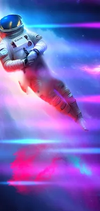 This phone live wallpaper depicts an astronaut floating through a vivid purple nebula in a hyper-realistic space suit