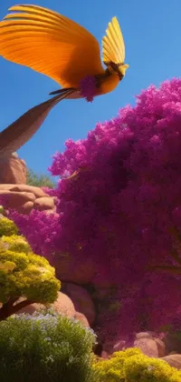 This stunning live wallpaper showcases a yellow bird flying over a lush green forest from a popular Pixar 3D movie
