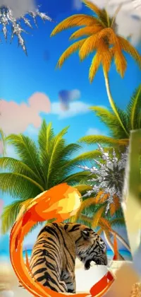 This tropical phone live wallpaper depicts a stunning tiger standing on a golden beach beside a backdrop of palm trees
