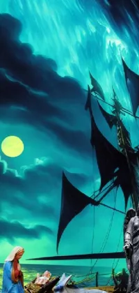 This live wallpaper showcases an epic adventure on the high seas, depicting a man and woman on a stormy journey