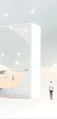 This modern live wallpaper showcases a lone man standing in a desert framed by a metal portal