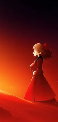 This phone live wallpaper showcases a gorgeous and serene digital art of a woman donning a red dress atop a hill, having a breathtaking view of a sunset
