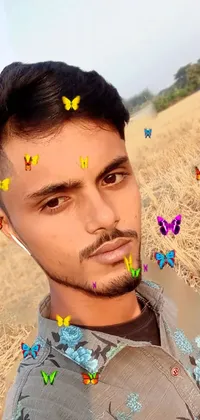 This stunning phone live wallpaper depicts a person taking a selfie in a beautiful field