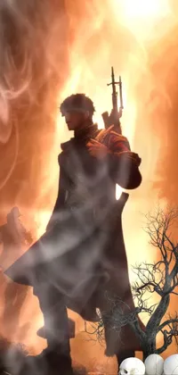 This amazing phone live wallpaper showcases a striking digital artwork featuring an intriguing trench coat-wearing man holding a gun