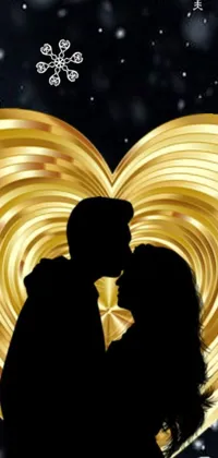 This live phone wallpaper showcases a digital rendering of a couple sharing a passionate kiss in front of a large golden heart