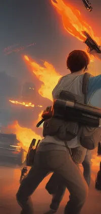 Looking for a fiery live wallpaper for your phone? Check out this realistic artstyle depiction of a couple standing in front of a raging fire, complete with a boy holding a shotgun