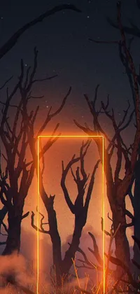 This stunning live wallpaper depicts a frame in the midst of a spooky forest, brought to life through vibrant neon outlines