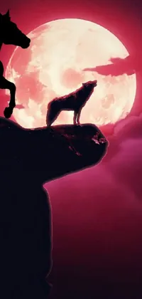 Elevate your phone's style with a stunning live wallpaper that features a silhouette of a man riding a horse with a loyal dog companion, all on a blood red background