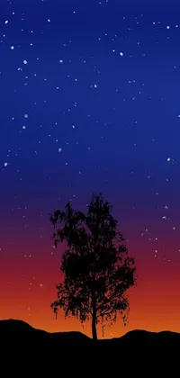 This phone live wallpaper portrays a striking silhouette of a tree against a night sky filled with red and blue twinkling stars