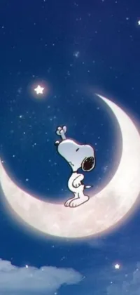 Introducing an eye-catching and unique phone live wallpaper! This wallpaper features an adorable cartoon dog sitting on a crescent moon against a deep blue sky