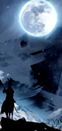 This live wallpaper showcases breathtaking concept art of a mysterious man riding on a horse under the moonlight