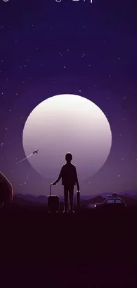 This phone live wallpaper depicts a man standing amongst a field and a car in a moonlit, purple sky