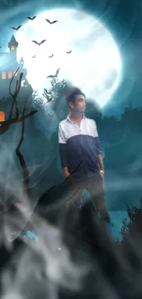 This phone live wallpaper features a handsome male vampire standing in front of a full moon