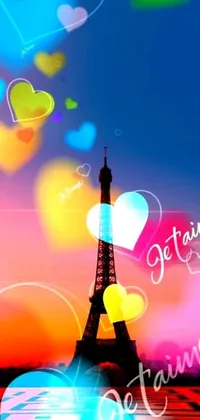 This dreamy phone live wallpaper showcases the iconic Eiffel Tower shining against a beautiful rainbow background