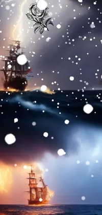 Looking for a stunning live wallpaper for your phone? Check out this gorgeous fantasy art featuring ships in the sea during a thunderstorm