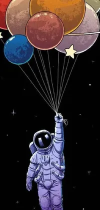 This phone live wallpaper features an brightly colored astronaut floating in the air, surrounded by balloons in a unique space design