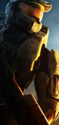 This phone live wallpaper features a close-up shot of a rifle and the legendary Master Chief from the Halo game
