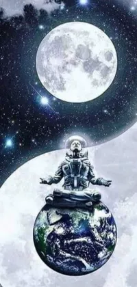 This phone live wallpaper depicts a breathtaking space art scene, featuring a man in a silver space suit sitting on top of the Earth in deep meditation