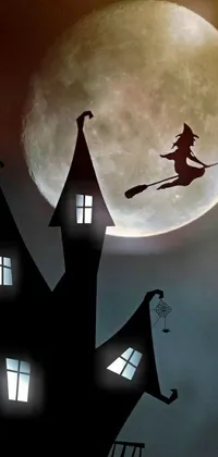 This captivating phone live wallpaper showcases a witch flying in front of a full moon