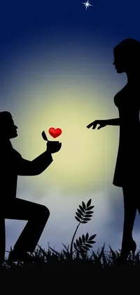 This phone live wallpaper depicts a romantic scene where a man offers a flower to a woman