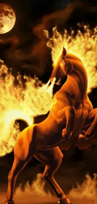 Get a visually captivating live wallpaper for your phone! This piece of digital art depicts a horse engulfed in flames set against a full moon in the background